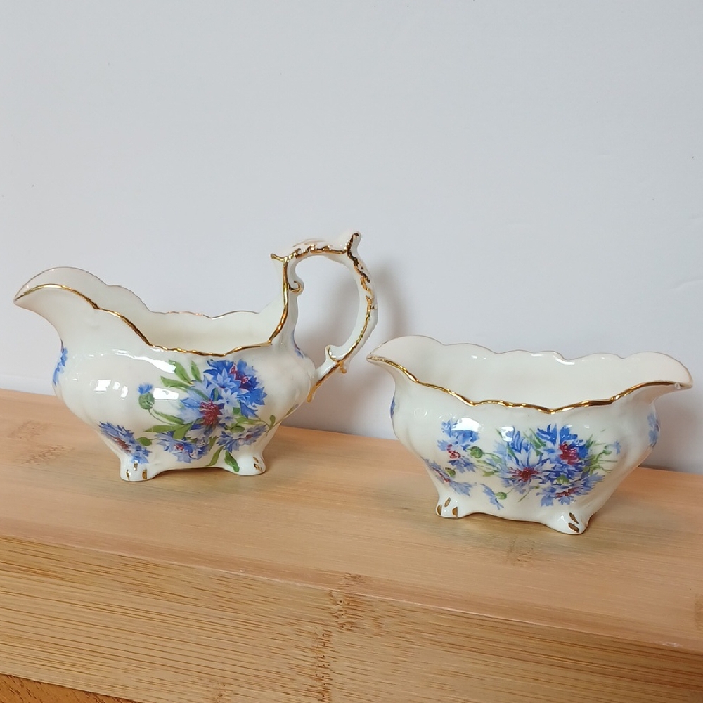 Vtg Hammersley Co Cornflower Blue Sugar Bowl & Creamer Bone China England